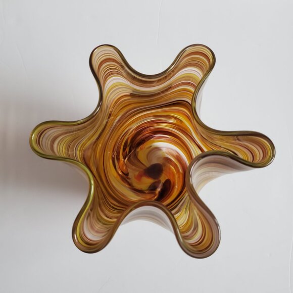 Murano Handkerchief Vase Ruffled Edge Amber Brown Caramel Stripes Abstract Boho - Picture 1 of 9